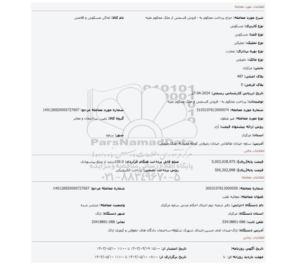 پرداخت محکوم به - فروش قسمتی از ملک محکوم علیه