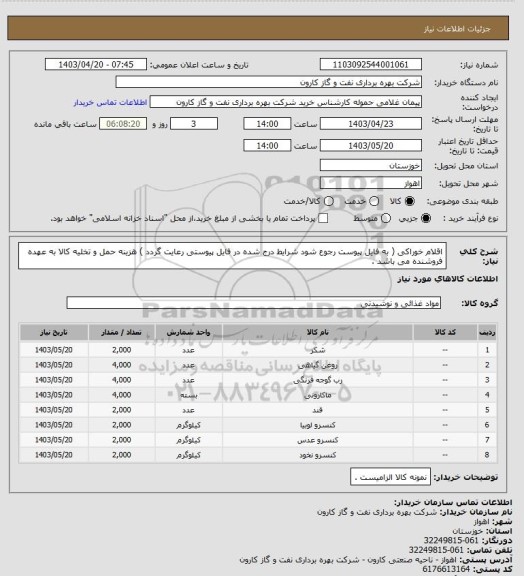 استعلام اقلام خوراکی ( به فایل پیوست رجوع شود شرایط درج شده در فایل پیوستی رعایت گردد ) هزینه حمل و تخلیه کالا به عهده فروشنده می باشد .