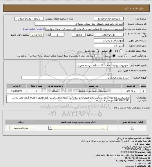 استعلام خودرو استیجاری به تعداد 5 دستگاه با راننده مجرب