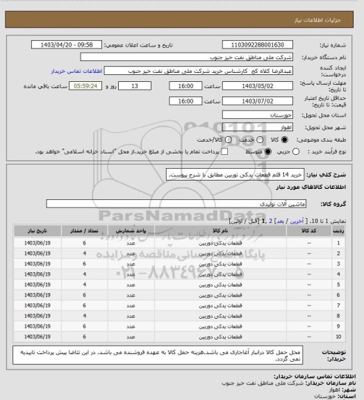 استعلام خرید 14 قلم قطعات یدکی توربین مطابق با شرح پیوست.