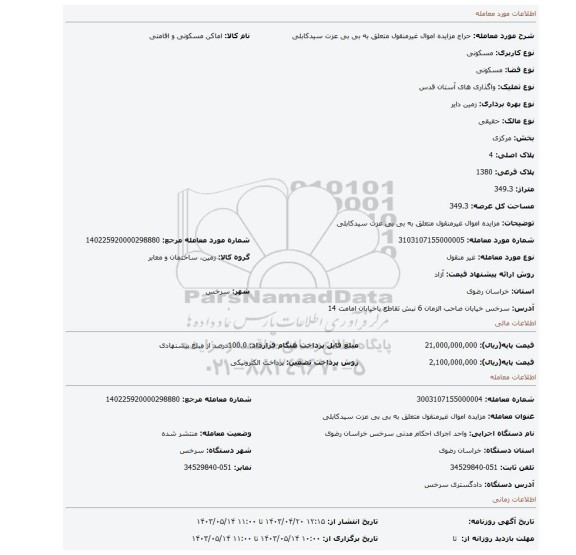 مزایده اموال غیرمنقول متعلق به بی بی عزت سیدکابلی