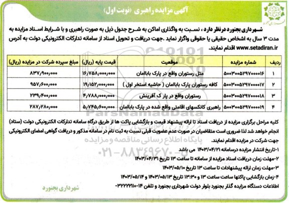 مزایده راهبری واگذاری اماکن...