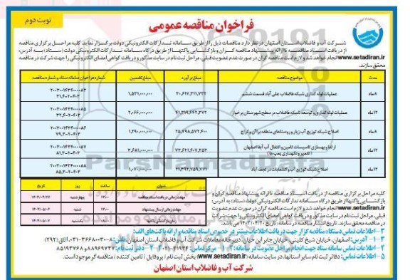 مناقصه عملیات لوله گذاری شبکه فاضلاب علی آباد قسمت ششم .... نوبت دوم 