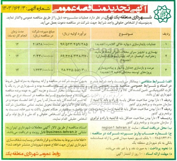 تجدید مناقصه عملیات پایدارسازی دیواره خاکی گلابدره ....