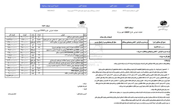 استعلام انتخاب پیمانکار برای اجرای طرح های FTTH شهر ورزنه