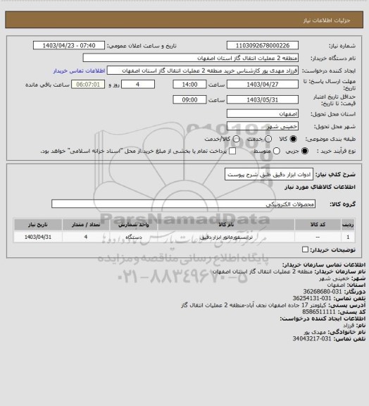 استعلام ادوات ابزار دقیق طبق شرح پیوست