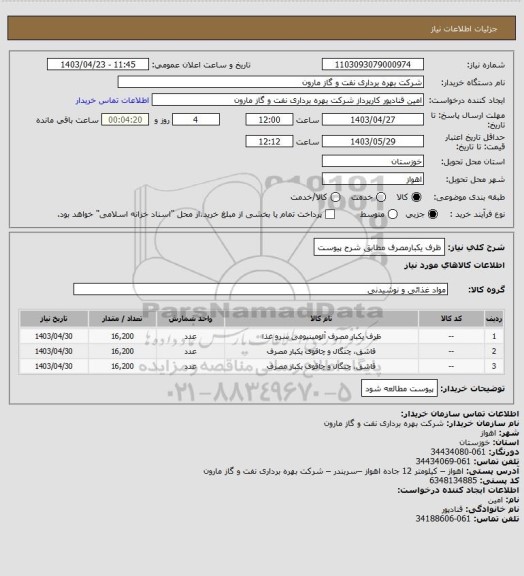 استعلام ظرف یکبارمصرف مطابق شرح پیوست