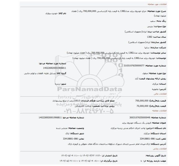 خودروی پراید مدل1382 به قیمت پایه کارشناسی     700,000,000 ریال ( هفتاد میلیون تومان)