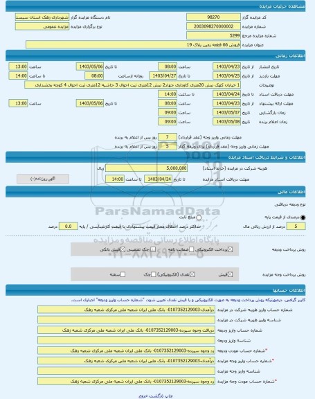 مزایده ، فروش 66 قطعه زمین پلاک 19 -مزایده زمین  - استان سیستان و بلوچستان