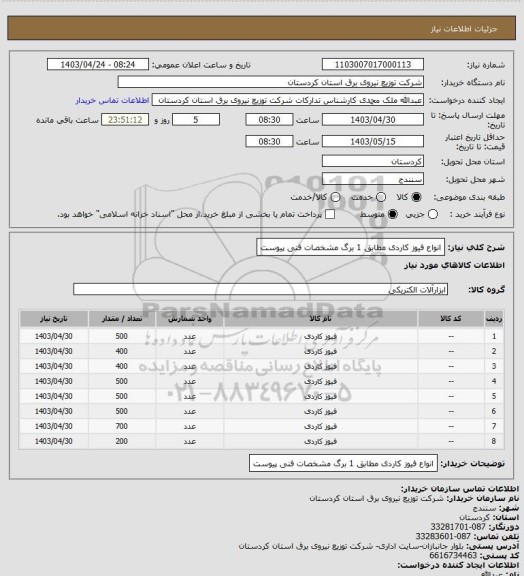 استعلام انواع فیوز کاردی  
مطابق 1 برگ مشخصات فنی پیوست