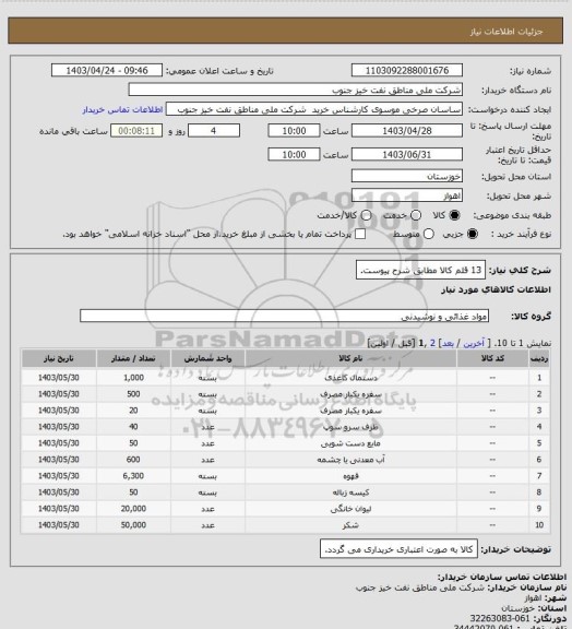 استعلام 13 قلم کالا مطابق شرح پیوست.