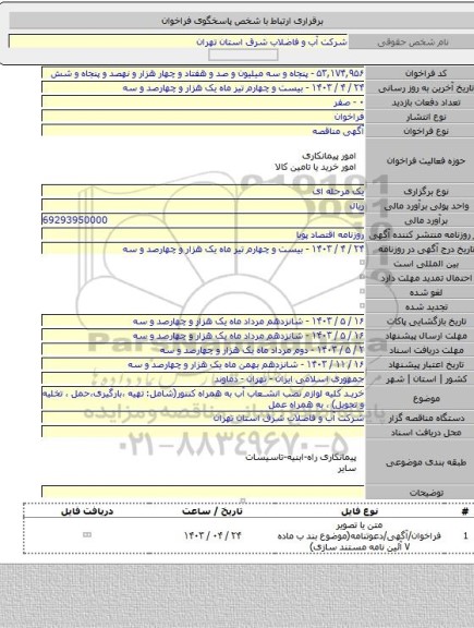 مناقصه, خرید کلیه لوازم نصب انشعاب آب به همراه کنتور(شامل: تهیه ،بارگیری،حمل ، تخلیه و تحویل) ، به همراه عمل