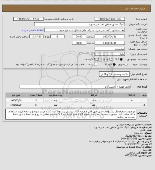 استعلام جک سوسماری 15 و 10 تن