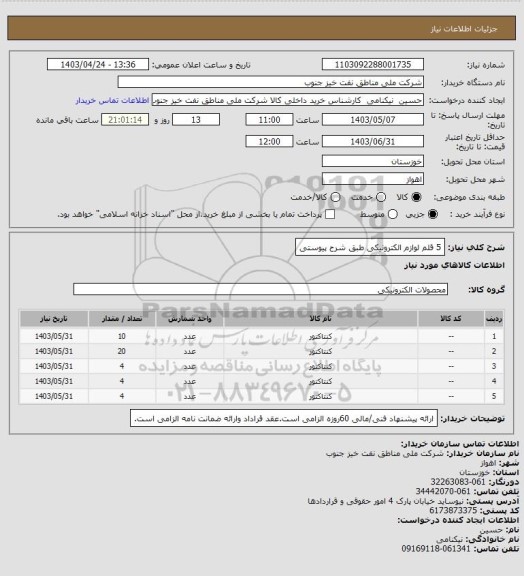 استعلام 5 قلم لوازم الکترونیکی طبق شرح پیوستی