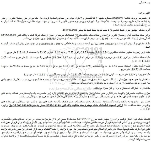 مزایده فروش  یک دانگ مشاع از ششدانگ عرصه و اعیان از ملک تعرفه شده به پلاک ثبتی 8755/1414/4 اصلی