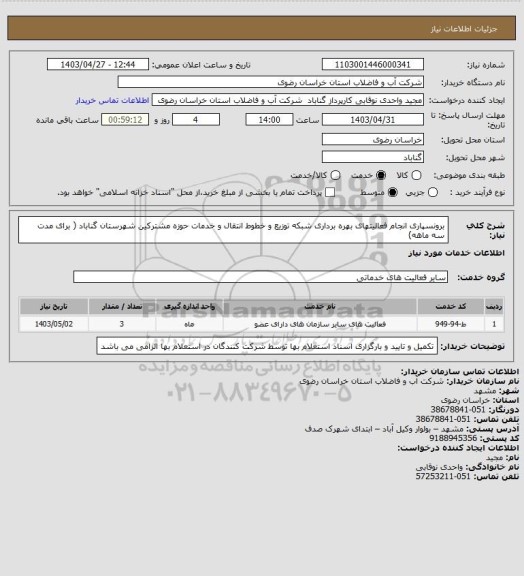 استعلام برونسپاری   انجام فعالیتهای   بهره برداری شبکه توزیع و خطوط انتقال و خدمات حوزه  مشترکین شهرستان گناباد ( برای مدت سه ماهه)