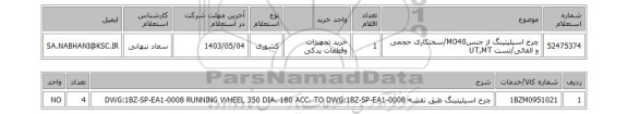 استعلام چرخ اسیلیتینگ از جنسMO40/سختکاری حجمی و القائی/تست UT,MT