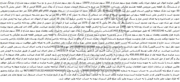 آگهی مزایده ودانگ مشاع از ششدانگ یک قطعه زمین مزروعی قطعه هشتم تفکیکی بمساحت 3138250 متر مربع