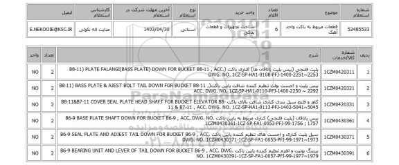 استعلام قطعات مربوط به باکت واحد آهک