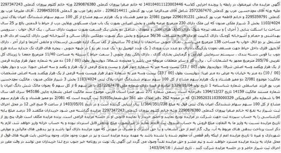 آگهی مزایده دو ممیز هشتاد و یک هزارم سهم مشاع از کل 100 سهم سهام ششدانگ اعیان پلاک ثبتی 1103/4024 بخش 3