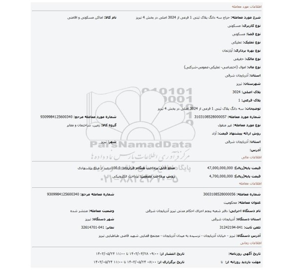 سه دانگ پلاک ثبتی 1 فرعی از 3024 اصلی در بخش 4 تبریز