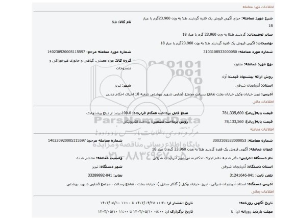 آگهی فروش یک فقره گردنبند طلا به وزن 23.960گرم با عیار 18