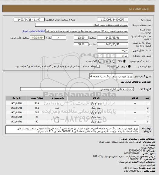 استعلام ریبون مورد نیاز شعب بانک سپه منطقه 4