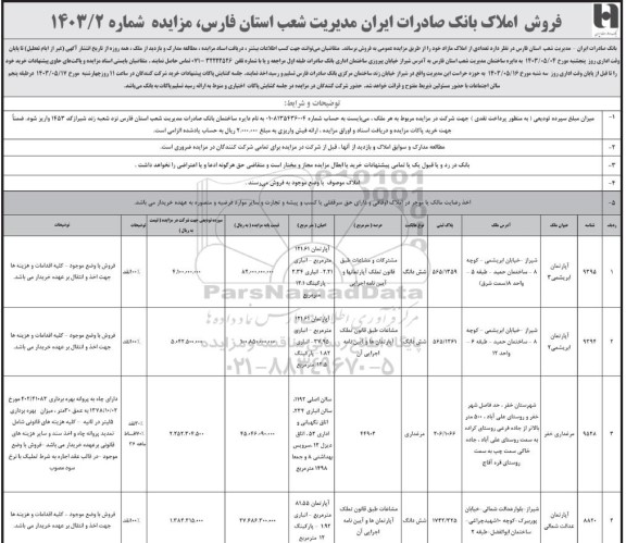 مزایده فروش تعدادی از املاک مازاد 