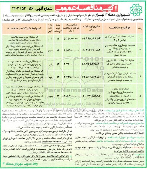 مناقصه عملیات احداث اسکان کارگری نواحی 2 و 3..