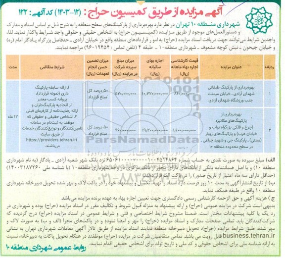 مزایده بهره برداری از پارکینگ طبقاتی ...