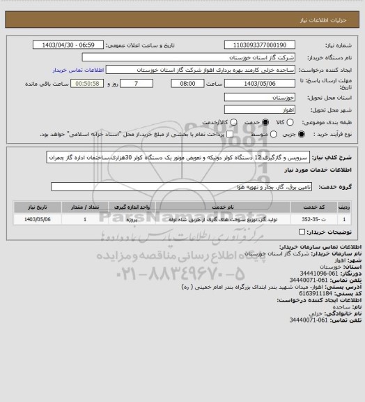 استعلام سرویس و گازگیری 12 دستگاه کولر دوتیکه و تعویض موتور یک دستگاه کولر 30هزاری،ساختمان اداره گاز چمران