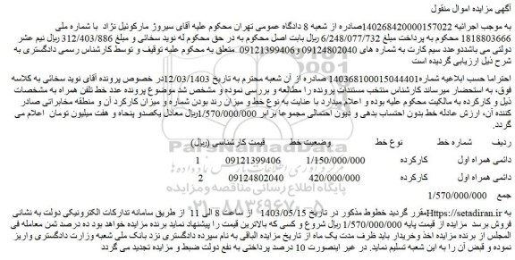 مزایده فروش خط دائمی همراه اول