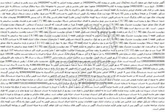 آگهی مزایده یک قطعه آپارتمان مسکونی نوع ملک طلق با کاربری به پلاک ثبتی 4 فرعی از 1978 اصلی ، مفروز و مجزا شده از1 فرعی از اصلی