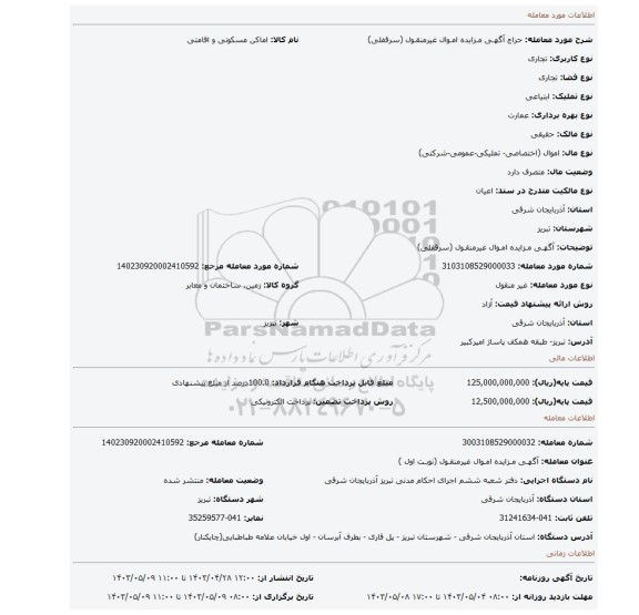 آگهـی مـزایده امـوال غیرمنقـول (سرقفلی)