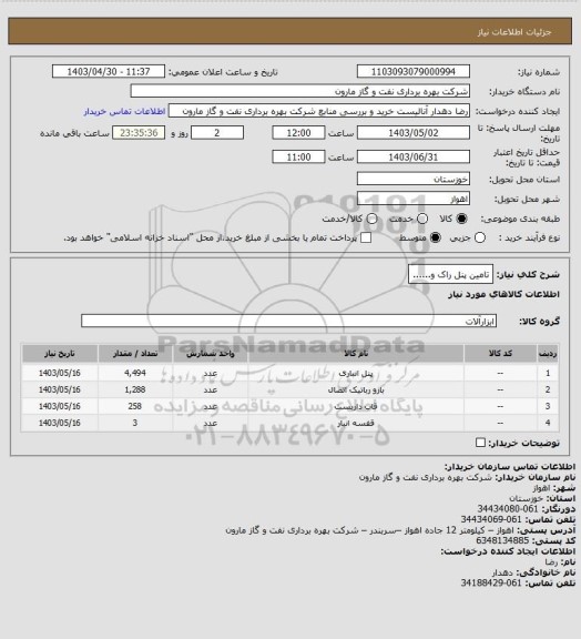 استعلام تامین پنل راک و......