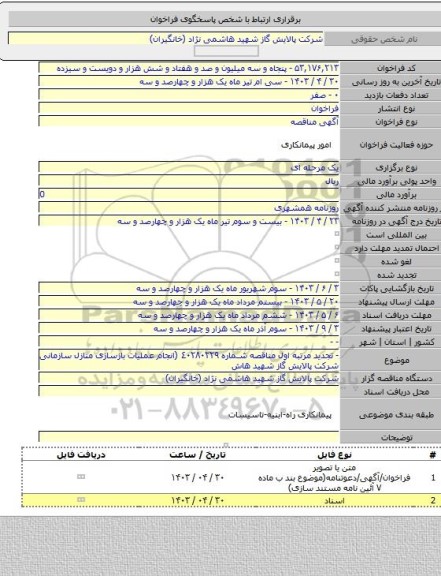 مناقصه, - تجدید مرتبه اول مناقصه شماره ٤٠٢٨٠٢٢٩ (انجام عملیات بازسازی منازل سازمانی شرکت پالایش گاز شهید هاش