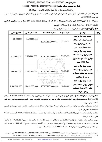 مزایده فروش هفت دستگاه ماشین آلات سبک و نیمه سنگین و همچنین ضایعات 