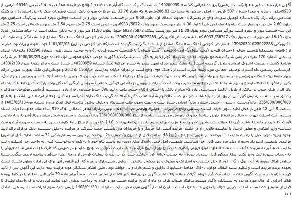 آگهی مزایده  ششدانگ یک دستگاه آپارتمان قطعه 1 واقع در طبقه همکف به پلاک ثبتی 46340 فرعی از 6933اصلی ، مفروز و مجزا شده از 587 فرعی از اصلی