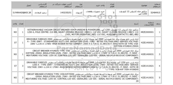 استعلام دژنکتور خلاء کشوئی 12 کیلو ولت 1250 آمپر