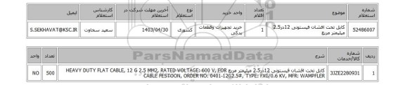 استعلام کابل تخت افشان فیستونی 12در2.5 میلیمتر مربع