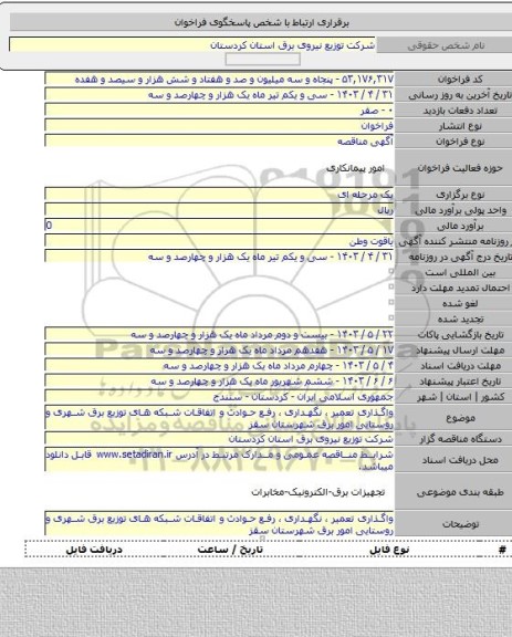 مناقصه, واگذاری تعمیر ، نگهداری ، رفع حوادث و اتفاقات شبکه های توزیع برق شهری و روستایی امور برق شهرستان سقز