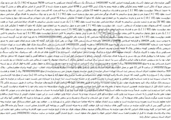 آگهی مزایده ششدانگ یک دستگاه آپارتمان مسکونی به مساحت 78/59 مترمربع که (91 / 1) یک متر و نود ویک دسیمتر مربع