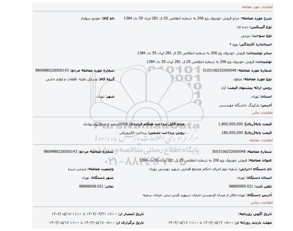 فروش  خودروی پژو  206 به شماره انتظامی 25 ق 281 ایران 55 دل 1384