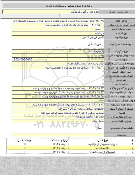 مناقصه, سرویس دهی و ایاب و ذهاب کارکنان سیروحرکت سیرجان