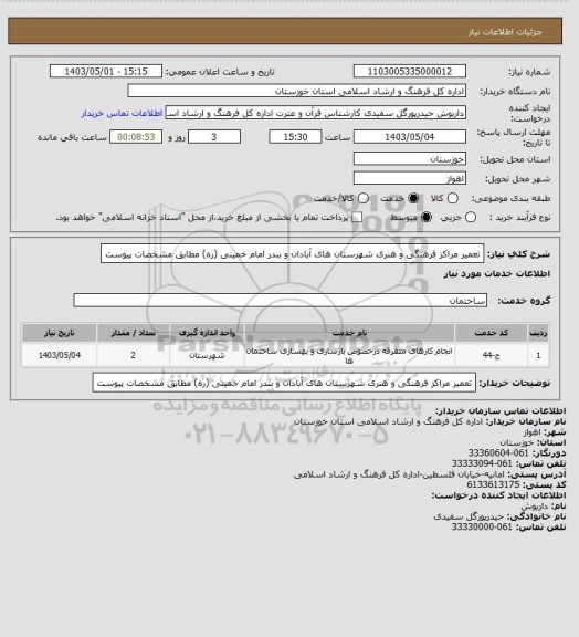 استعلام تعمیر مراکز فرهنگی و هنری شهرستان های آبادان و بندر امام خمینی (ره) مطابق مشخصات پیوست