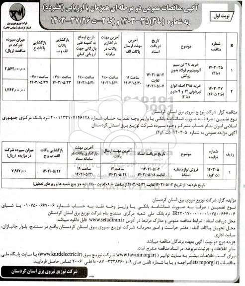 مناقصه و مزایده خرید 38 تن سیم آلومینیوم فولاد بدون روکش و...