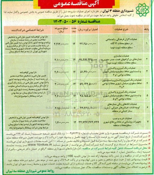 مناقصه عملیات اکران فرهنگی اجتماعی در سطح محلات 12 ...