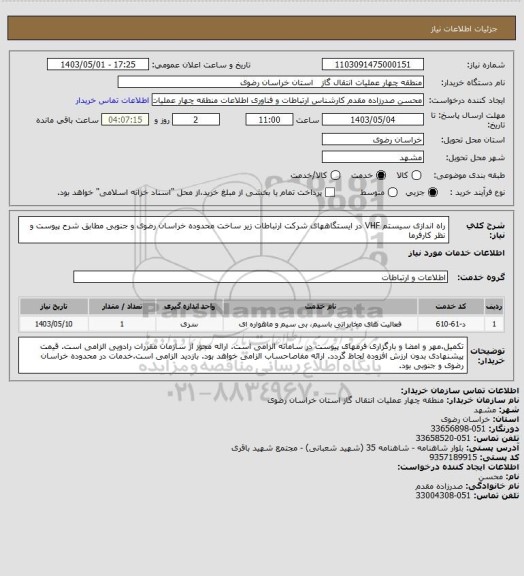 استعلام راه اندازی سیستم VHF در ایستگاههای شرکت ارتباطات زیر ساخت محدوده خراسان رضوی و جنوبی مطابق شرح پیوست و نظر کارفرما