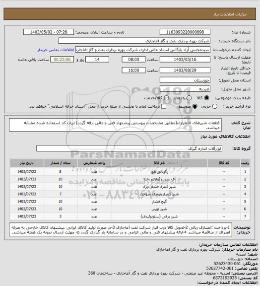 استعلام قطعات شیرهای اضطراری(مطابق مشخصات پیوستی پیشنهاد فنی و مالی ارائه گردد)
ایران کد استفاده شده مشابه میباشد.