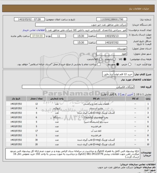 استعلام خرید 12 قلم لوازم ابزار دقیق